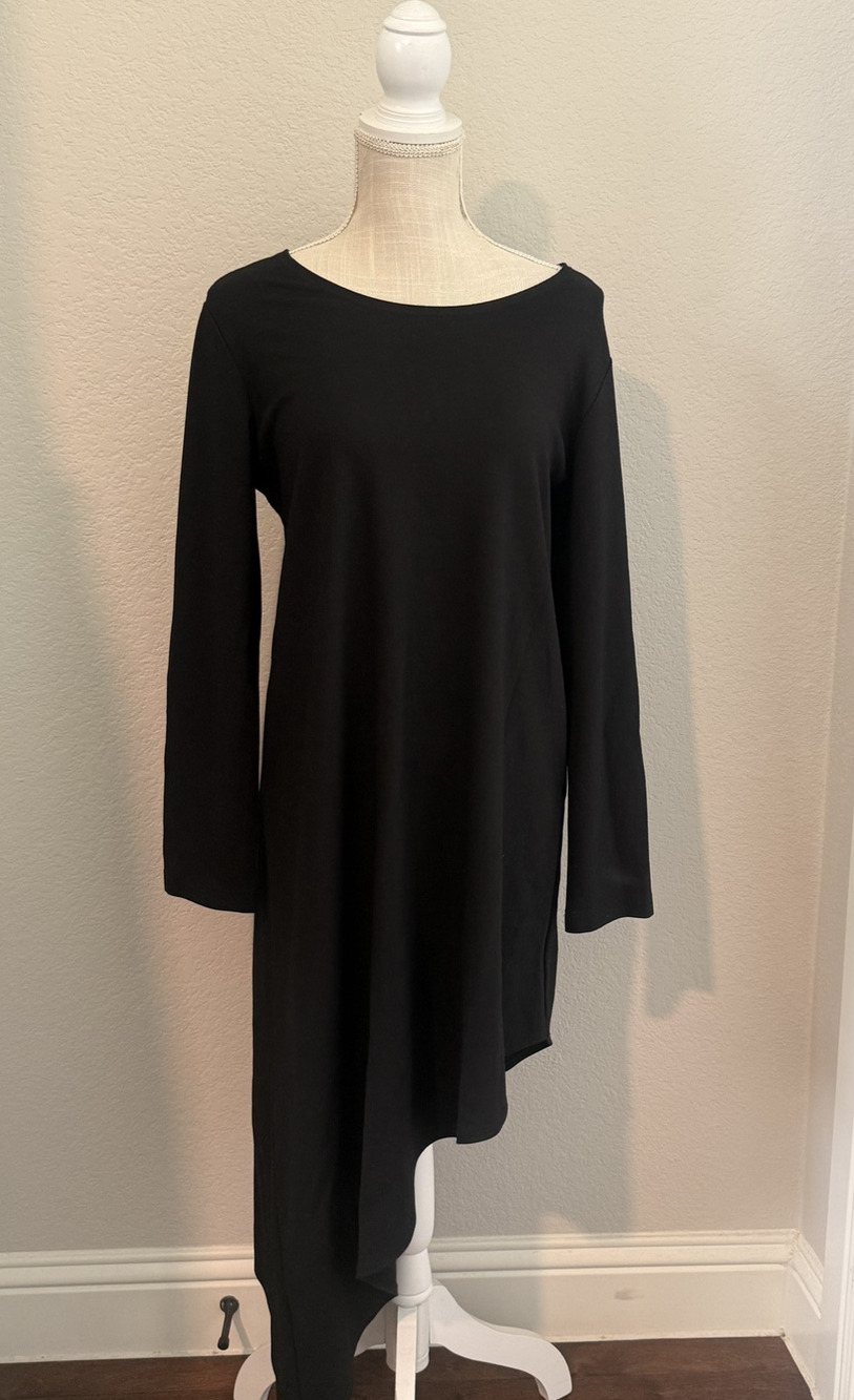 Bryn Walker Black Asymmetric Hi-Low Shift Dress Long Sleeve Size S Made USA